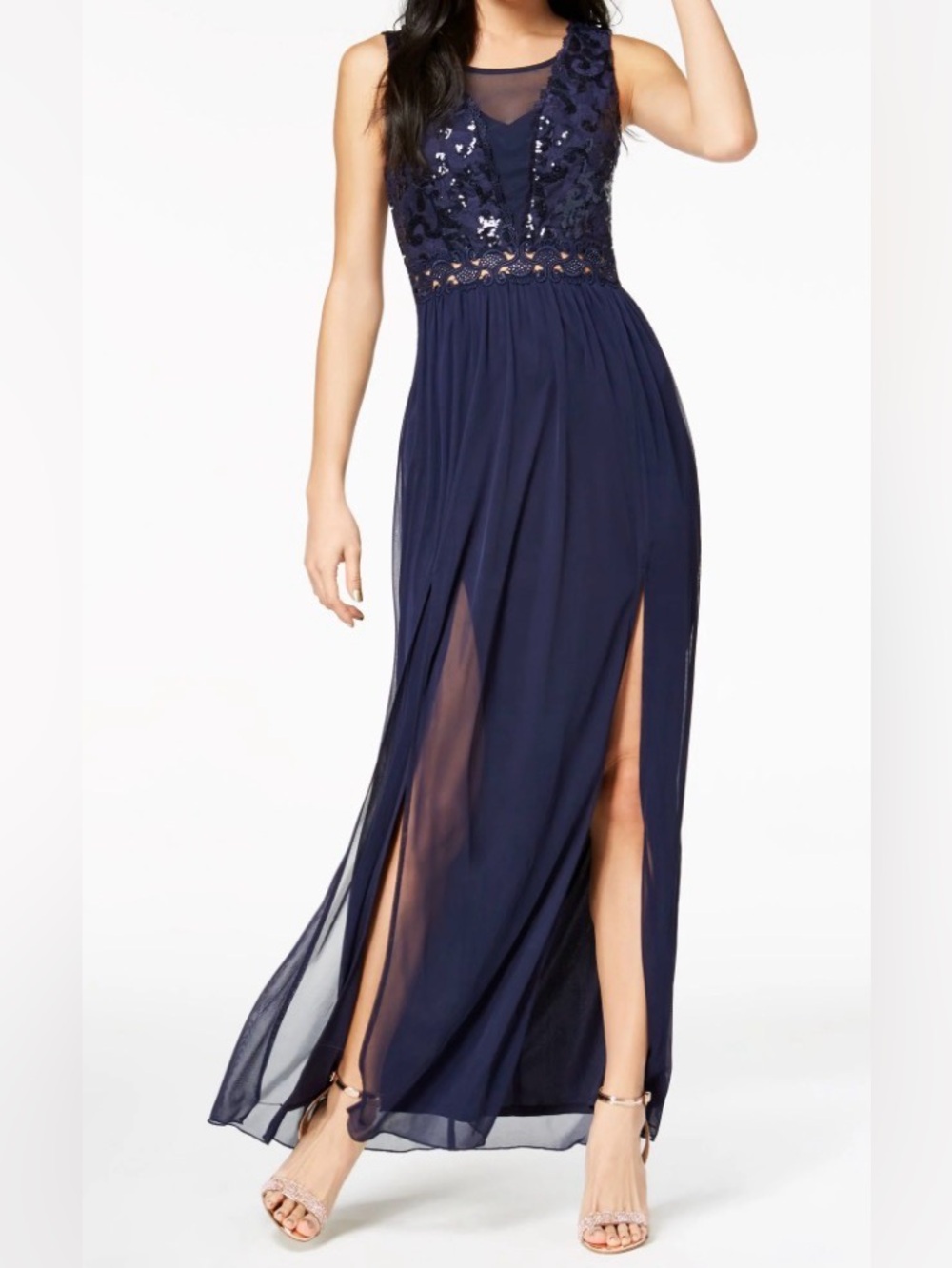Navy Sequin Bodice Evening Dress